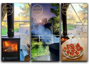 three pictures of a restaurant with a fireplace and a glass of wine at Cambridgeshire Glamping in Fowlmere