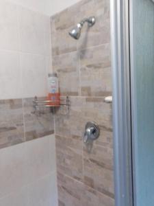 a shower with a glass door with a shower head at Streams Cottage in Bettyʼs Bay