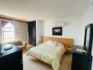 a bedroom with a bed and a desk and a television at Hotel Platinum Boutique in Montería