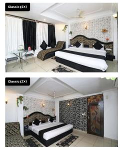 two pictures of a hotel room with two beds at Abhilasha hotel pachmarhi` in Pachmarhī