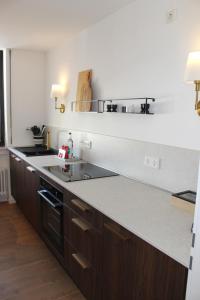 una cucina con un lavello e un piano di lavoro di Boutique Wohnung mit Domblick a Paderborn Altre 15 foto