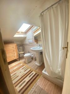a bathroom with a sink and a shower curtain at Splendida villetta con giardino in Barbarano Romano