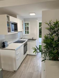 une cuisine avec des armoires blanches et une plante en pot dans l'établissement Apartamento 315 Castell Sol CB, à Arenal d'en Castell