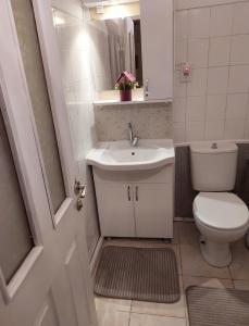 uma casa de banho com um lavatório branco e um WC. em B.A.A Sabiha Gökçen em Istambul