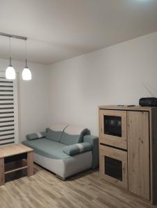 a living room with a blue couch and a cabinet at Apartament Emilia in Busko-Zdrój
