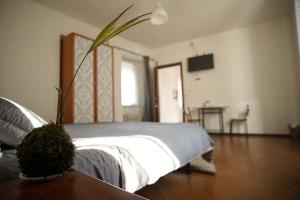 1 dormitorio con 1 cama y una planta sobre una mesa en A D R Holiday Home, en Casale Corte Cerro