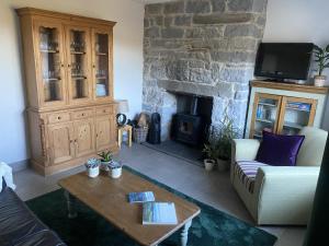 a living room with a couch and a fireplace at The Cottage @ Burkedale House in Corrofin