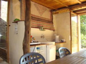 eine Küche mit einem Tisch, Stühlen und einem Waschbecken in der Unterkunft Mas des Nabières in Saint-Martial