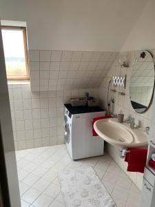 a bathroom with a washing machine and a sink at MM Zimmervermietung Messenähe Hannover in Laatzen