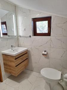 a bathroom with a sink and a toilet and a window at Apartment Ankica in Umag