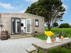 a picnic table in front of a tiny house at Chalet Bushwood Lodge by Interhome in Helston