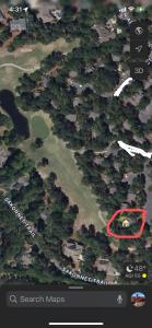 a screenshot of the search maps screen with a red circle at Golf Front SFH, 3 BR, 2 BA, 4 beds, sleep 6 on Pinehurst #6 in Pinehurst