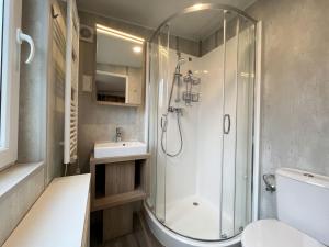 a bathroom with a shower and a toilet and a sink at Holiday Home Tanjas Tiny Haus by Interhome in Wemding