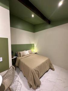 1 dormitorio con cama y pared verde en Aconchegante Suite green, en Niterói