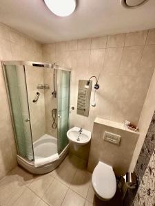 a bathroom with a shower and a toilet and a sink at Hotel Pod Dębami in Ostrów Wielkopolski