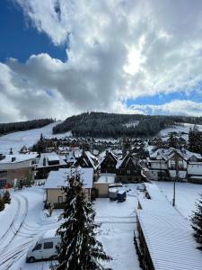 a small town covered in snow with cars parked at Sadyba u Halyny in Bukovel