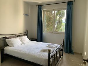 ハニア・タウンにあるVilla Elias & Casseiopiaのベッドルーム1室(青いカーテン、窓付)
