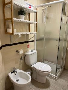 La salle de bains est pourvue de toilettes, d'un lavabo et d'une douche. dans l'établissement Rinconcito del Falla Grupo AC Gestion, à Cadix