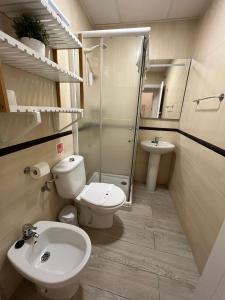 ein Bad mit einem WC, einem Waschbecken und einer Dusche in der Unterkunft Rinconcito del Falla Grupo AC Gestion in Cádiz