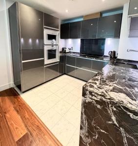 een keuken met roestvrijstalen apparatuur en een marmeren aanrecht bij Exclusive Large Parliament Apartment in Londen