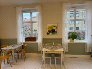 ランツクルーナにあるSTF Landskrona Hostelのダイニングルーム(テーブル2台、窓2つ付)