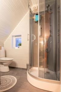 a bathroom with a shower and a toilet at Lovely house in Tromso in Tromsø