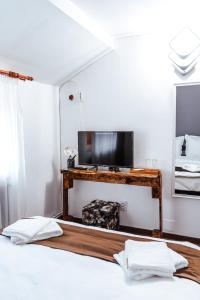 uma sala de estar com uma televisão e uma cama em Casa Rosu em Cluj-Napoca