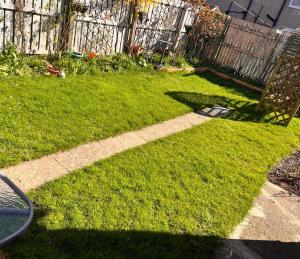 a grass yard with a bench and a fence at Five Newcastle Town House in Kenton