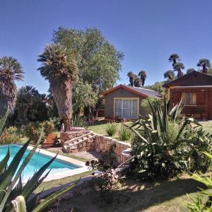 a house with a swimming pool and palm trees at Palmares al cerro in Capilla del Monte