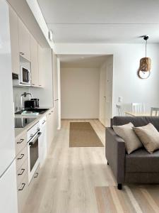 uma cozinha e sala de estar com um sofá num quarto em Kotimaailma Apartments Tervapääsky I em Oulu