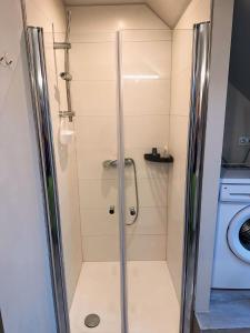 a shower in a bathroom with a washing machine at Traumhaftes 1-Zimmer Appartement in Roxheim