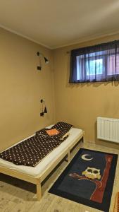 a bedroom with a bed and a rug and a window at Chocolate Hostel in Kaunas