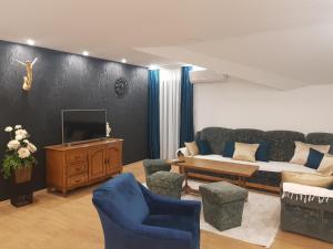 uma sala de estar com um sofá e uma televisão e cadeiras em Apartment Ivan em Posusje
