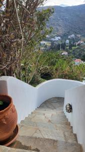 a stairway with a vase on the side of a wall at Eirini Home in Andros