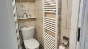 a bathroom with a toilet and shelves in it at Eirini Home in Andros