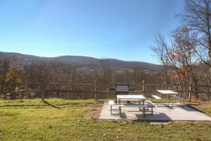 una mesa de picnic y bancos en un campo en Left Field All Star Baseball Rentals, en Oneonta