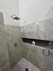 baño con ducha y puerta de cristal en Casa vacacional Mar&Paz, en La Paz