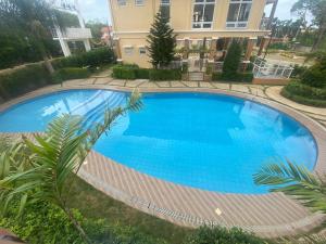 an overhead view of a large blue swimming pool at Big Studio Deluxe King Bed & Sofa Bed with Balcony, Swimming Pool & Gym in Puerto Princesa City