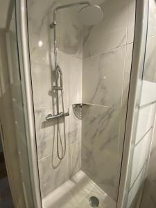 a shower with a glass door in a bathroom at Très beau studio avec terrasse in Zonza