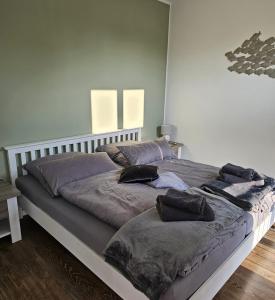 1 cama grande con almohadas en el dormitorio en Frischer Wind am Hainer See Kahnsdorf, en Neukieritzsch
