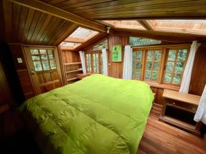 ein Schlafzimmer mit einem grünen Bett in einem Zimmer mit Fenstern in der Unterkunft Los Quetzales Ecolodge & Spa in Cerro Punta