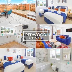 a collage of four pictures of a bedroom with beds at BRAND NEW Spacious 4 Bedroom Houses For Contractors & Families with FREE Parking, Garden, Fast Wifi and Netflix By REDWOOD STAYS in Farnborough