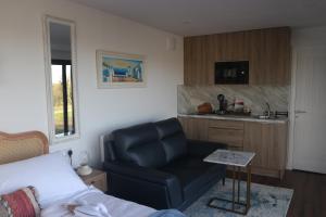 ein Wohnzimmer mit einem Sofa und einer Küche in der Unterkunft LakEscape - Waterfront Self- Catering Cabins in Enniskillen