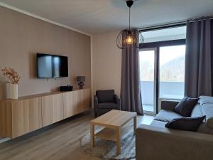 een woonkamer met een bank en een tv bij Wander-Traum-Fewo in Bad Harzburg