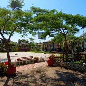een park met banken en bomen en een basketbalring bij FINCA JAZMIN in Monsefú