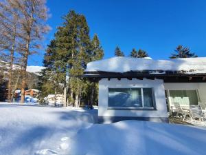 ein schneebedecktes Haus mit Fenster in der Unterkunft Apartment Ferienhaus Tina by Interhome in Lenzerheide