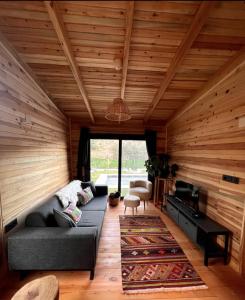 ein Wohnzimmer mit einem grauen Sofa und Holzwänden in der Unterkunft Flow Urla in Izmir