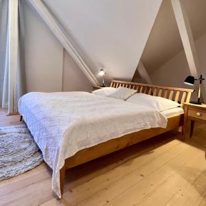 ein Schlafzimmer mit einem großen Bett im Dachgeschoss in der Unterkunft Kaple svaté Markéty in Saar