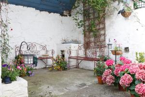 a garden with a bench and flowers in a courtyard at Kittiwake House- charming coastal home in Saint Monance