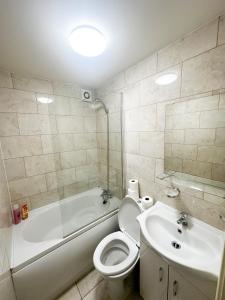 a bathroom with a toilet and a tub and a sink at Fernando flats in London